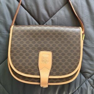 Vintage Celine Brown Leather Saddle Crossbody with Tan Trim